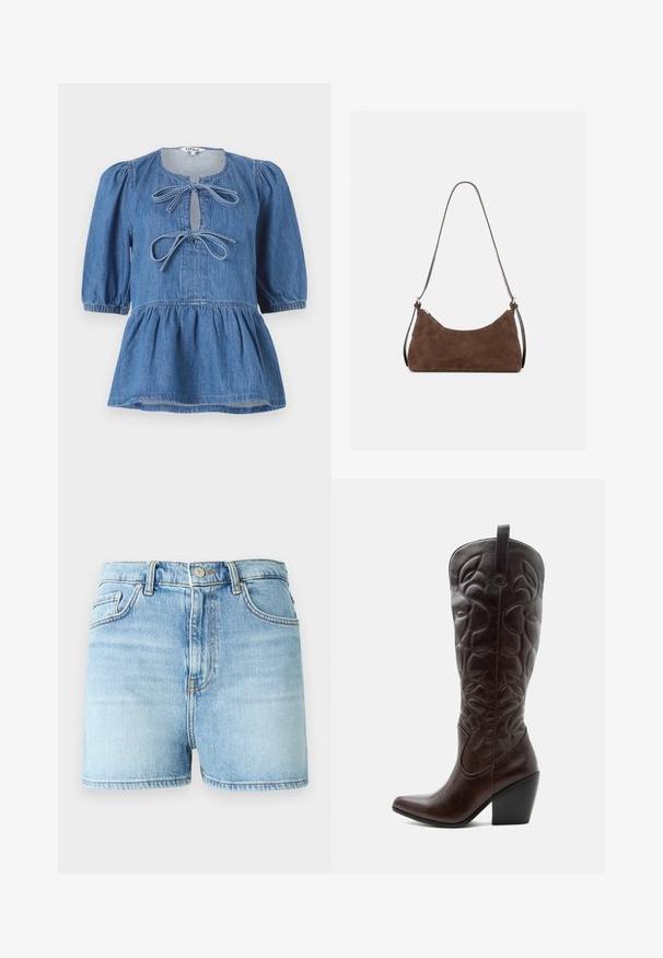 Haut en denim avec manches courtes bouffantes, encolure ronde avec une ouverture en forme de goutte d'eau fermée par deux nœuds, et un ourlet évasé.; Shorts en denim bleu clair, présentant une taille haute, un design classique à cinq poches, et un ourlet effiloché avec une texture légèrement délavée.; Botte de cowboy haute en cuir marron foncé avec motifs décoratifs cousus, bout pointu et talon bloc empilé.; Sac à épaule en daim marron avec une fermeture éclair incurvée en haut et une fine bandoulière réglable, présenté sur un fond clair uni.