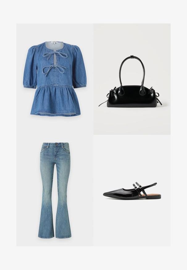 Haut en denim avec manches courtes bouffantes, encolure ronde avec une ouverture en forme de goutte d'eau fermée par deux nœuds, et un ourlet évasé.; Jeans évasés bleu clair fabriqués en denim. Comprend une fermeture à bouton à l'avant, cinq poches et un léger délavage pour la texture.; Des chaussures slingbacks en cuir verni noir présentent un bout pointu, deux sangles avec des accents de boucle, et une semelle plate.; Petit sac à main noir brillant avec deux longues anses et des détails à cordon sur les côtés sur un fond clair uni.
