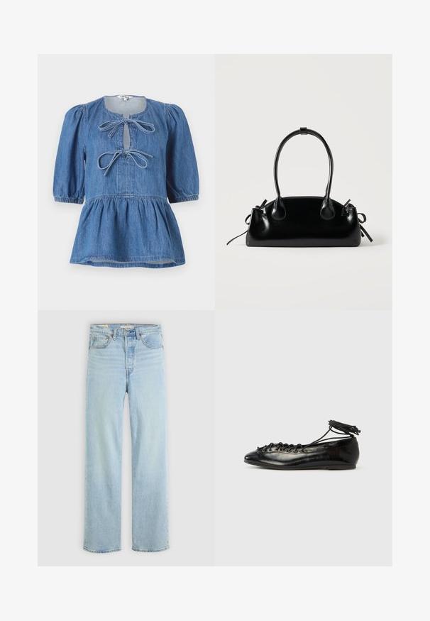 Top de mezclilla con mangas cortas abullonadas, escote redondo con abertura en forma de gota asegurada con dos lazos y dobladillo acampanado.; Jeans de denim azul claro con corte recto, que cuentan con cinco bolsillos, un cierre de cremallera clásico y costuras visibles.; Zapatos planos tipo ballet de charol negro con punta redondeada, diseño con cordones y suela plana. Textura lisa con detalles mínimos.; Pequeño bolso negro brillante con dos asas largas y detalles de cordón lateral sobre un fondo claro liso.