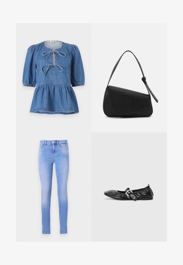 Top de mezclilla con mangas cortas abullonadas, escote redondo con abertura en forma de gota asegurada con dos lazos y dobladillo acampanado.; Jeans skinny azul claro con un lavado descolorido, que cuentan con un diseño de cinco bolsillos, cierre de botón al frente y un dobladillo limpio.; Zapato plano de piel negra con puntera afilada, detalle fruncido alrededor de la abertura y un acento de hebilla plateada en la correa ajustable.; Bolso de mano de cuero negro con forma triangular, tapa en ángulo y un asa superior redondeada. Presenta una textura suave y detalles de diseño minimalistas.