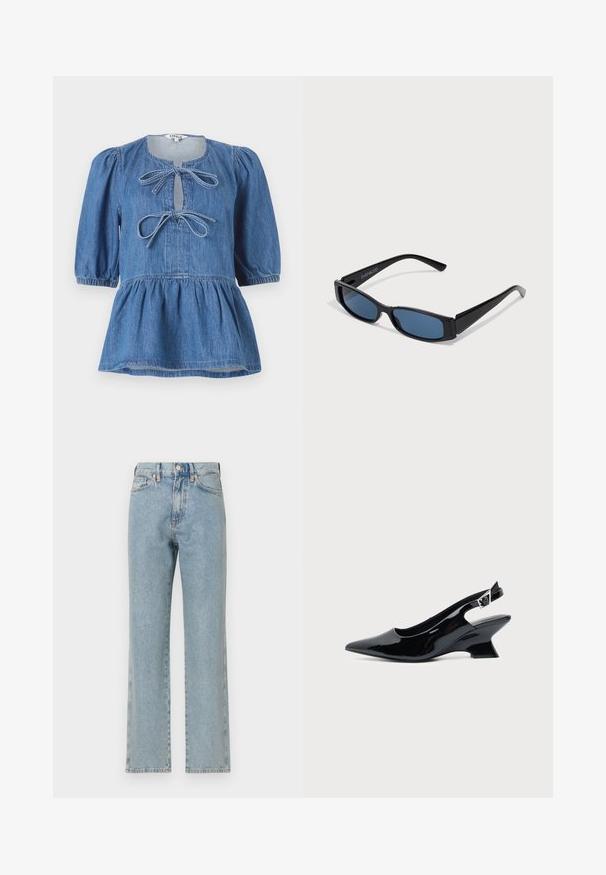 Top de mezclilla con mangas cortas abullonadas, escote redondo con abertura en forma de gota asegurada con dos lazos y dobladillo acampanado.; Jeans de mezclilla azul claro con diseño de pierna recta, cinco bolsillos, cierre de botón y textura sutil. Sin desgastes ni patrones visibles.; Zapato slingback de cuero charol negro con puntera puntiaguda y tacón bajo en bloque inclinado sobre fondo claro liso.; Gafas de sol negras con una elegante montura rectangular y lentes azules. Presentan una textura suave y varillas resistentes. Logo de la marca en el costado.
