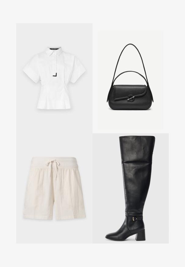 Witte kortarmige shirt met een kraag, voorzien van een voorkant met knopen en een zwarte accentdetail op de kraag. Getailleerde pasvorm.; Off-white casual shorts met elastische tailleband en gestrikte trekkoorden, gemaakt van lichtgewicht stof voor comfort.; Zwarte leren kniehoogte laars met blokhak en decoratieve band met gouden gesp boven de enkel, zijaanzicht op witte achtergrond.; Zwarte leren handtas met afgeronde hoeken, asymmetrische klep, metalen ronde sluiting en zowel korte als lange schouderriemen.