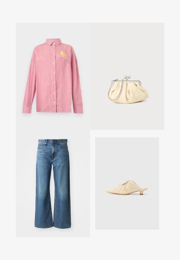 Chemise à rayures verticales rouges et blanches, manches longues, avec boutons, col et petit motif banane jaune sur la poitrine gauche.; Jean en denim bleu à jambes larges avec une taille mi-haute, cinq poches et un léger dégradé. Caractéristiques : passants de ceinture et détails cousus.; Chaussure en cuir couleur crème à enfiler avec un bout pointu, des détails froncés à l'avant et un petit talon carré.; Pochette en cuir beige plissé avec un cadre en métal argenté, dotée de deux fermoirs ronds décoratifs et d'une chaîne en argent.
