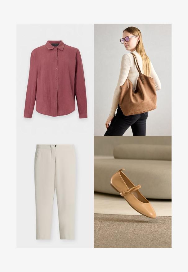 Chemise à manches longues boutonnée en tissu rose poussière texturé, col classique et poignets ajustés, marque Anna Field.; Pantalon beige sur mesure avec une coupe droite, poches latérales et fermeture éclair frontale. Tissu lisse avec un design épuré et minimaliste.; Chaussure Mary Jane plate marron clair avec bride froncée flottant au-dessus d'un tapis beige devant un canapé assorti.; Sac fourre-tout en daim marron avec une texture douce, grande ouverture et longues sangles. Présente un design simple avec des coutures visibles et sans matériel.