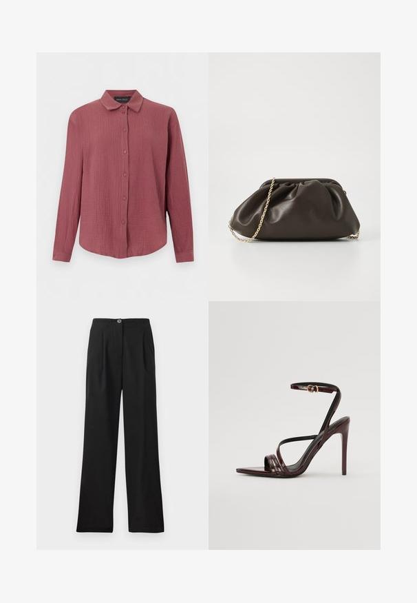 Chemise à manches longues boutonnée en tissu rose poussière texturé, col classique et poignets ajustés, marque Anna Field.; Pantalons noirs taille haute en tissu lisse, avec des plis à l'avant, une fermeture à un bouton et des jambes larges. Pas de poches visibles.; Sandale à talons hauts en cuir verni bourgogne avec une bride de cheville, bout pointu et trois bandes horizontales sur le pied. Détail de boucle dorée.; Sac à main en cuir marron avec un design froncé, une bandoulière en chaîne dorée et une finition douce et texturée. Sa forme compacte est idéale pour une utilisation en soirée.