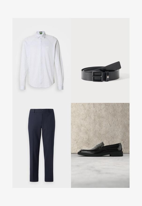 Camisa de manga larga abotonada en blanco con un patrón de cuadros en azul. Presenta un cuello clásico y un bolsillo en el frente. Tejido suave con un ajuste estructurado.; Pantalones de marina hechos de una tela suave, con un corte recto, presillas para cinturón y un cierre de botón único en la cintura.; Zapato loafer de cuero negro pulido flotando sobre una alfombra beige con muebles translúcidos naranjas de fondo.; Cinturón de cuero negro con hebilla metálica negra mate, ligeramente enrollado con el extremo de la correa apoyado sobre una superficie blanca.