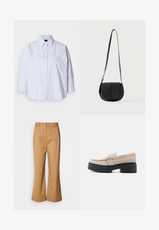Chemise bleu clair à col avec un devant boutonné, manches raglan et un tissu lisse résistant aux plis. Présente une broderie discrète sur l'ourlet.; Pantalon à jambes larges en tissu de coton beige, doté d'une taille haute, de deux boutons dorés et d'une texture lisse. Aucun motif ou accent visible.; Mocassin en daim beige avec boucle argentée et semelle épaisse noire, vue de côté sur fond blanc.; Sac bandoulière en cuir noir texturé avec fond arrondi, rabat avant et bandoulière réglable avec boucle métallique.