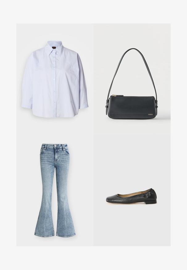Chemise bleu clair à col avec un devant boutonné, manches raglan et un tissu lisse résistant aux plis. Présente une broderie discrète sur l'ourlet.; Jean en denim bleu clair taille haute avec un lavage délavé, poches avant, fermeture par bouton et zip, et jambes évasées style pattes d'éléphant.; Ballerines en cuir noir avec un bout arrondi et des coutures minimales. Talon bas et rectangulaire avec une texture lisse. Détails subtils de doublure intérieure.; Sac à bandoulière rectangulaire en cuir noir avec fermeture éclair dorée et petit logo "HUGO" doré sur le devant, doté d'une sangle réglable avec boucle.