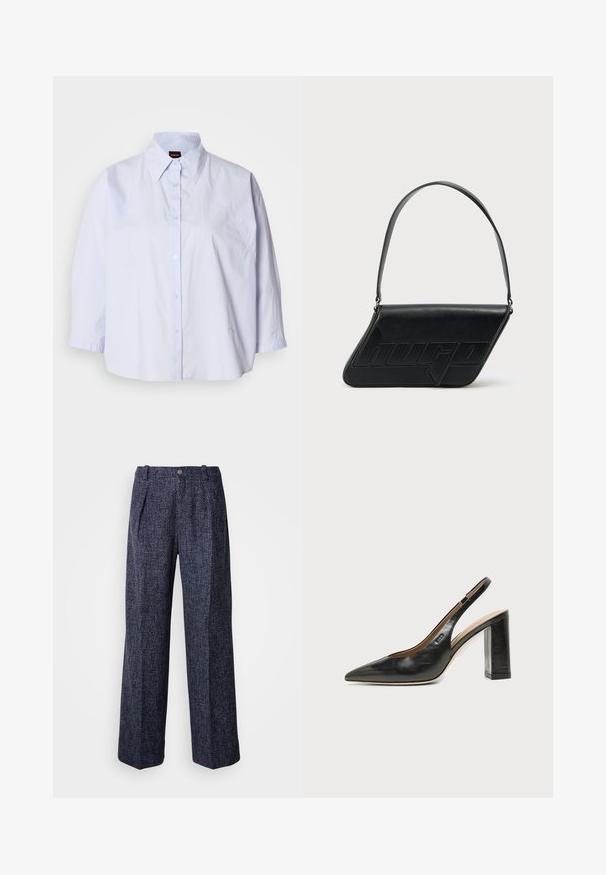 Chemise bleu clair à col avec un devant boutonné, manches raglan et un tissu lisse résistant aux plis. Présente une broderie discrète sur l'ourlet.; Pantalons bleu marine avec un tissage texturé, taille haute, coupe large et plis avant. Dotés d'une fermeture à bouton unique et d'une fermeture éclair.; Chaussure slingback en cuir noir à bout pointu avec un talon bloc haut et une doublure intérieure beige sur un fond clair uni.; Sac d'épaule en cuir noir de forme triangulaire, avec un logo embossé et une seule bandoulière réglable. Design minimaliste avec une texture lisse.