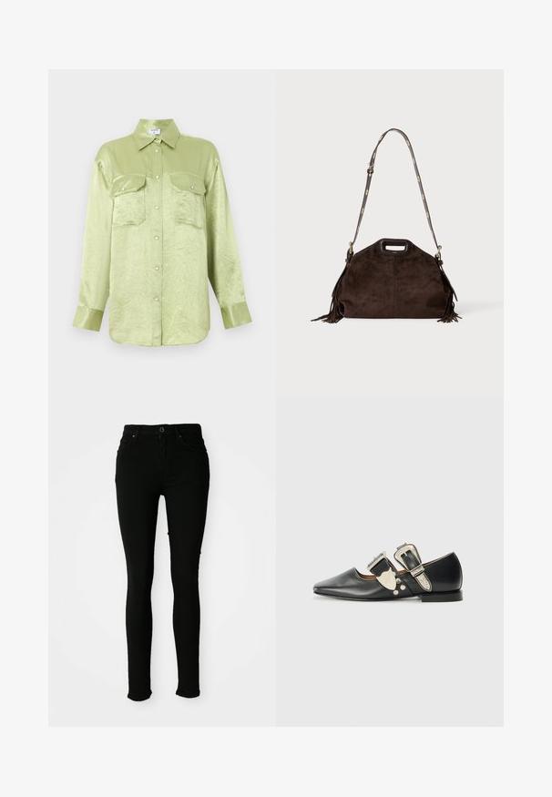 Lichtgroen satijnen overhemd met lange mouwen, vooraan drukkers, twee borstzakken met klep en knoop en een puntkraag.; Zwarte skinny jeans van denim met een gladde textuur, voorzien van een knoopsluiting, riemlussen en zonder zichtbare beschadigingen.; Zwarte leren platte schoen met een puntige neus, zilveren gespsaccenten en decoratieve nagels. Beschikt over een lage hak en een soepele textuur.; Donkerbruine suède handtas met bovenaan een uitgesneden handvat, verstelbare schouderriem met gouden accenten en franjes aan de zijkanten.