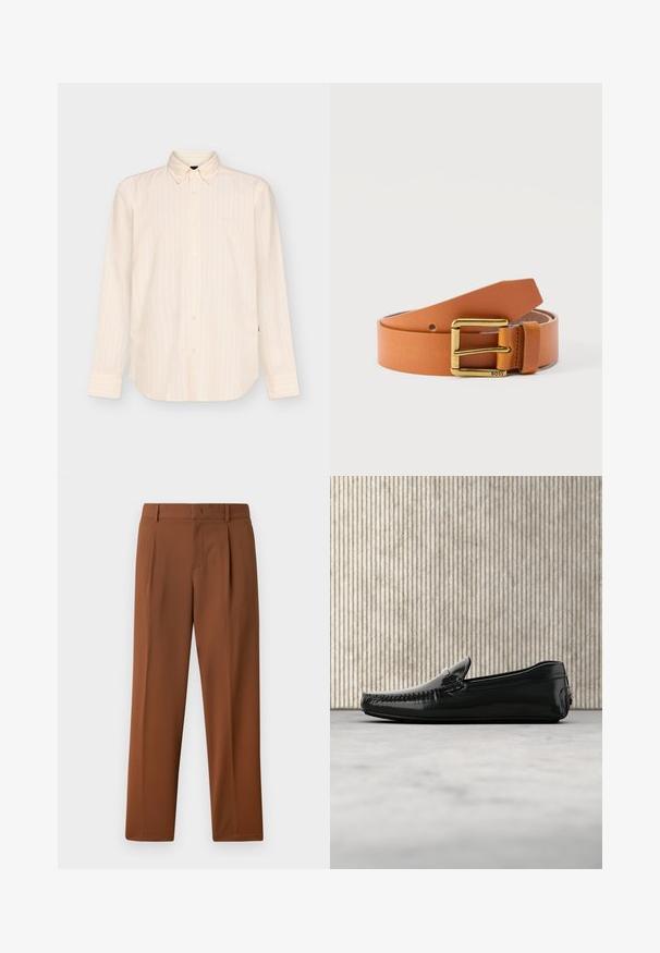 Langærmet beige skjorte med knapper og subtile lodrette striber samt klassisk krave, vist på en ensfarvet lys baggrund.; Brune bukser med en glat, mat tekstur, der har en folder foran og lige ben. Lavet af letvægts, åndbart stof.; Sorte læder loafers med en blank overflade, rund tå og dekorativt hardware foran. Lavprofil gummisål. Glat tekstur.; Læderbælte i tan, rullet sammen med et gyldent rektangulært spænde, der er graveret med "BOSS" i nederste højre hjørne af spændet.