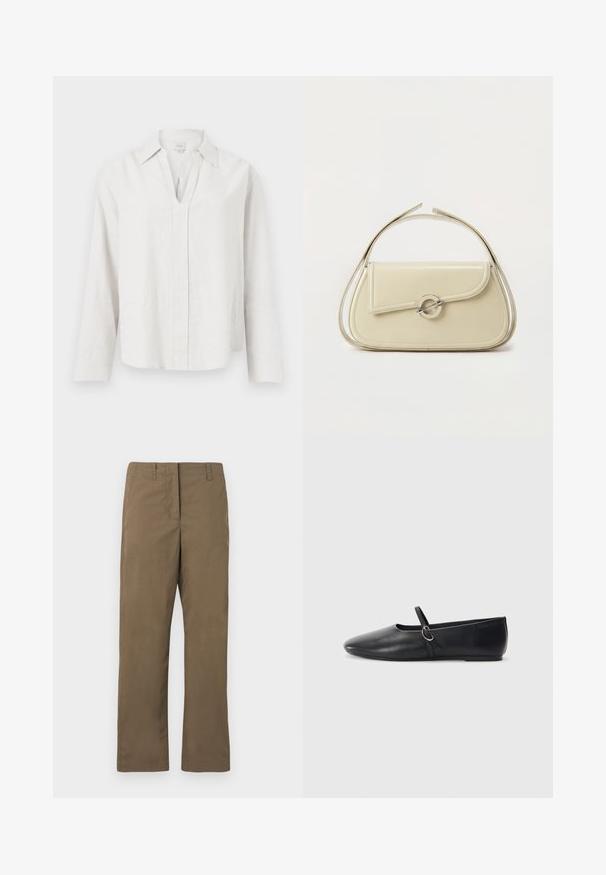 Chemise blanche à manches longues avec une fente en V et un col, affichée à plat sur un fond blanc uni.; Pantalons droits marron en tissu mélangé de coton. Comprend des passants de ceinture, une poche avant et une texture lisse sans motifs.; Ballerines noires en cuir avec un bout pointu, une semelle plate et une petite sangle avec un détail de boucle en argent.; Sac à main en cuir crème avec rabat incurvé, fermoir circulaire en argent et poignée courte sur le dessus, sur fond blanc uni.