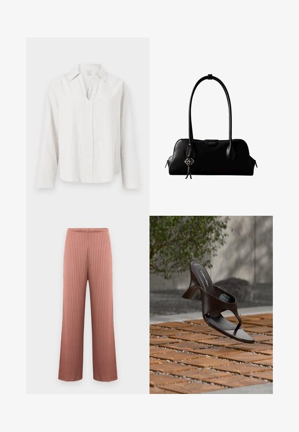 Chemise blanche à manches longues avec une fente en V et un col, affichée à plat sur un fond blanc uni.; Pantalon en maille côtelée à jambes larges couleur rose poudré avec une taille élastique et de fines rayures verticales, présenté sur un fond uni.; Sandale à talon marron Calvin Klein suspendue au-dessus d'un sol extérieur en dalles de bois et gravier avec un arrière-plan flou de verdure et de pierres.; Sac à main en cuir noir Calvin Klein avec de longues anses, une étiquette logo à l'avant et un charme géométrique argenté suspendu à une anse.