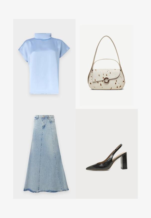Blusa de satén azul claro, de manga corta, con cuello alto tipo embudo y corte holgado.; Falda de mezclilla azul claro con forma acampanada en A, que cuenta con un cierre frontal de botones, pasadores para cinturón y detalles de costura visibles.; Zapato slingback negro de cuero con punta afilada, tacón cuadrado y un pequeño logo en el lateral, sobre un fondo blanco liso.; Bolso color crema con motas marrones, solapa curva con cierre metálico circular, con dos correas delgadas, una más larga para llevar al hombro.