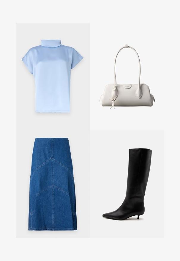Blouse en satin bleu clair à manches courtes, col cheminée haut et coupe ample.; Jupe crayon en denim bleu foncé avec des coutures verticales et une silhouette droite. Comprend une taille et un ourlet brut.; Botte noire en cuir jusqu'au genou avec bout pointu et petit talon kitten sur un fond clair uni.; Sac à bandoulière blanc Calvin Klein avec longues poignées, forme rectangulaire, fermeture éclair et charm logo décoratif suspendu près de la poignée.