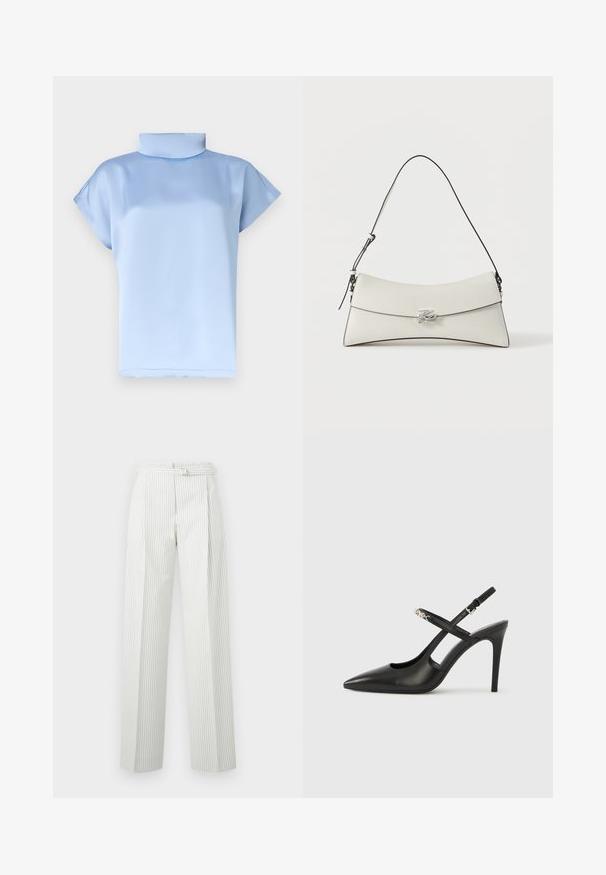 Blouse en satin bleu clair à manches courtes, col cheminée haut et coupe ample.; Pantalon blanc taille haute avec de fines rayures noires verticales et une ceinture fine à la taille, coupe droite.; Escarpins slingback en cuir noir avec bout pointu, design ajouré et bride ajustable ornée de ferrures métalliques.; Sac à bandoulière en cuir blanc avec rabat incurvé, bordure noire, sangle réglable et boucle décorative argentée sur fond uni.