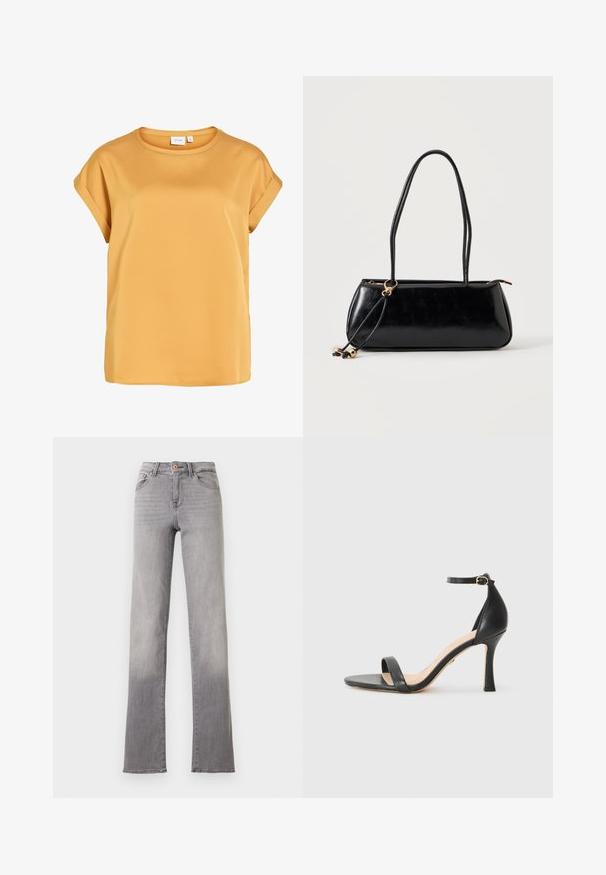 Mosterdgele blouse met korte mouwen, opgerolde manchetten en een ronde halslijn, gemaakt van glad, lichtgewicht materiaal.; Lichtgrijze jeans met rechte pijpen, vijf zakken, knoopsluiting en zichtbare stiksels, weergegeven tegen een witte achtergrond.; Zwarte leren hoge hak sandaal met dunne enkelband, open teen en een elegante, gebogen hak. Geverfde zool en minimalistisch ontwerp.; Zwarte rechthoekige handtas met twee lange bandjes, gouden ringdetail en ritssluiting op een effen lichte achtergrond.