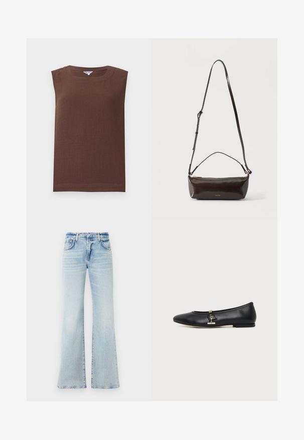 Ærmeløs brun top med rund halsudskæring og lige kant, lavet af blødt stof.; Udsvingende lys blå denimjeans med en blød tekstur, fem lommer og knaplukning. Har en afbleget effekt for et slidt udseende.; Sort læder flad sko med rundet tå og lille guldlåsdetalje på siden, vist på en ensfarvet lys baggrund.; Lille blank mørkebrun læder skuldertaske med justerbar rem, top håndtag og gyldent lynlås lukning.