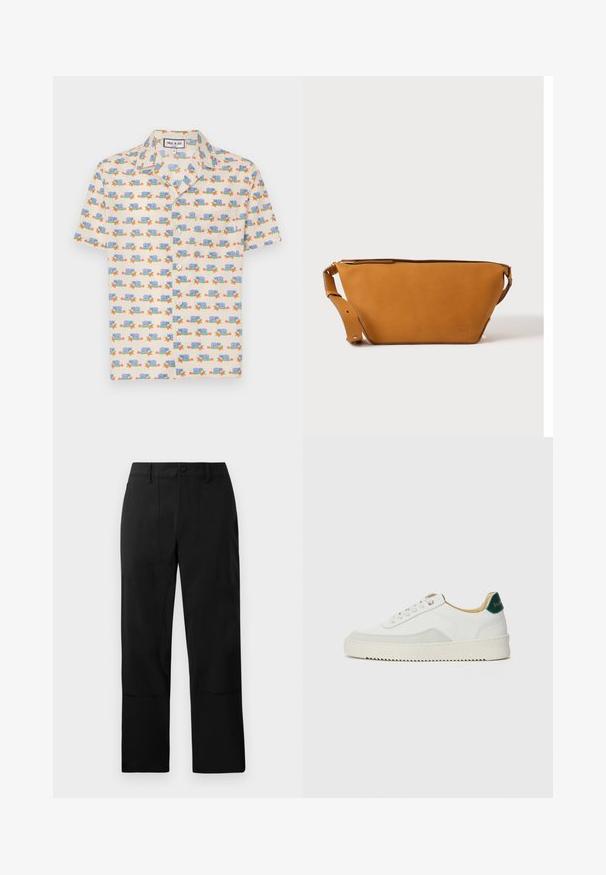 Korte mouwen shirt van lichtcrème stof met een speelse print van blauwe slakken en rode bloemen. Voorzien van een kraag en witte knopen.; Zwarte broek van een gladde stof, met een flat front, twee voorzakken en een rechte pijp met subtiele stiksels.; Witte sneaker met suède accenten, ronde neus, platte veters en een crème rubberen zool. Bevat groene branding op de hiel.; Lichtbruine leren crossbodytas met verstelbare band en ritssluiting, getoond tegen een effen lichte achtergrond.