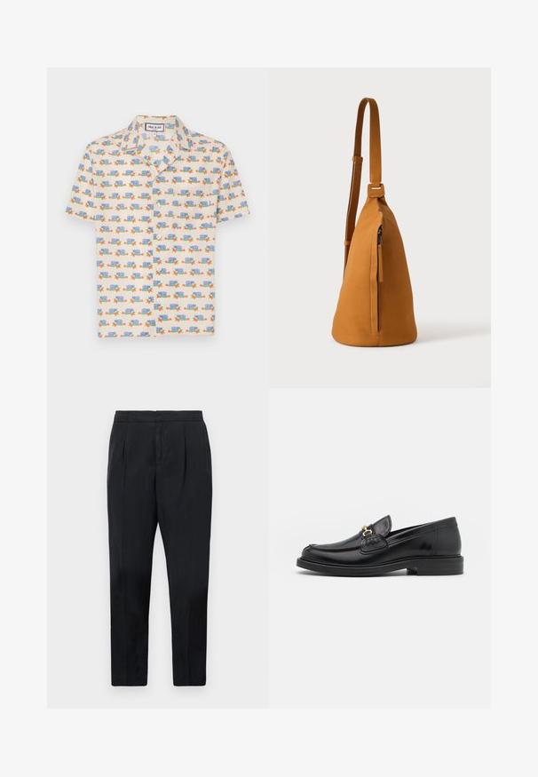 Camisa de manga corta de tela crema clara con un estampado divertido de caracoles azules y flores rojas. Presenta un collar y botones blancos.; Pantalones negros de corte ajustado, con pliegues laterales, una textura suave y una cintura elástica. Sin bolsillos visibles ni patrones.; Mocasines de cuero negro con punta redondeada, que cuentan con un detalle de herrajes dorados y costuras, situados sobre una suela de goma texturizada y baja.; Bolso bandolera de piel color canela con correa ajustable y bolsillo vertical con cremallera, mostrado de lado sobre un fondo claro y liso.