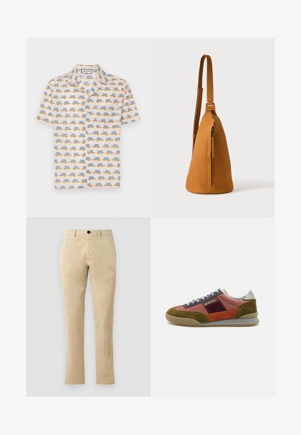 Kortærmet skjorte i lysecreme stof med et legende print af blå snegle og røde blomster. Har krave og hvide knapper.; Beige bomulds chinos med lige ben, der har en front knaplukning og diskrete syninger. Glat tekstur og uden mønstre.; PS Paul Smith DOVER - Sneakers - pink; Tan læder crossbodytaske med justerbar rem og lodret lynlåslomme, vist fra siden mod en ensfarvet lys baggrund.
