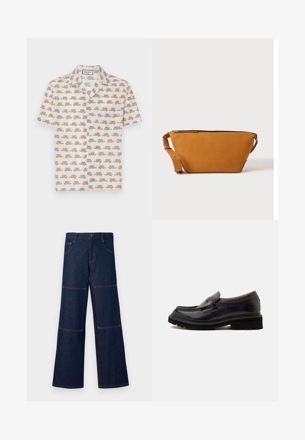Chemise à manches courtes en tissu crème clair avec un imprimé ludique d'escargots bleus et de fleurs rouges. Dispose d'un col et de boutons blancs.; Pantalons larges en denim bleu foncé avec des coutures contrastantes orange, dotés de grandes poches plaquées sur chaque jambe et d'une fermeture à bouton à la taille.; Mocassin en cuir noir avec semelle épaisse en caoutchouc et col texturé, vue latérale sur fond clair uni.; Sac bandoulière en cuir marron clair avec sangle réglable et fermeture éclair, présenté sur un fond clair uni.