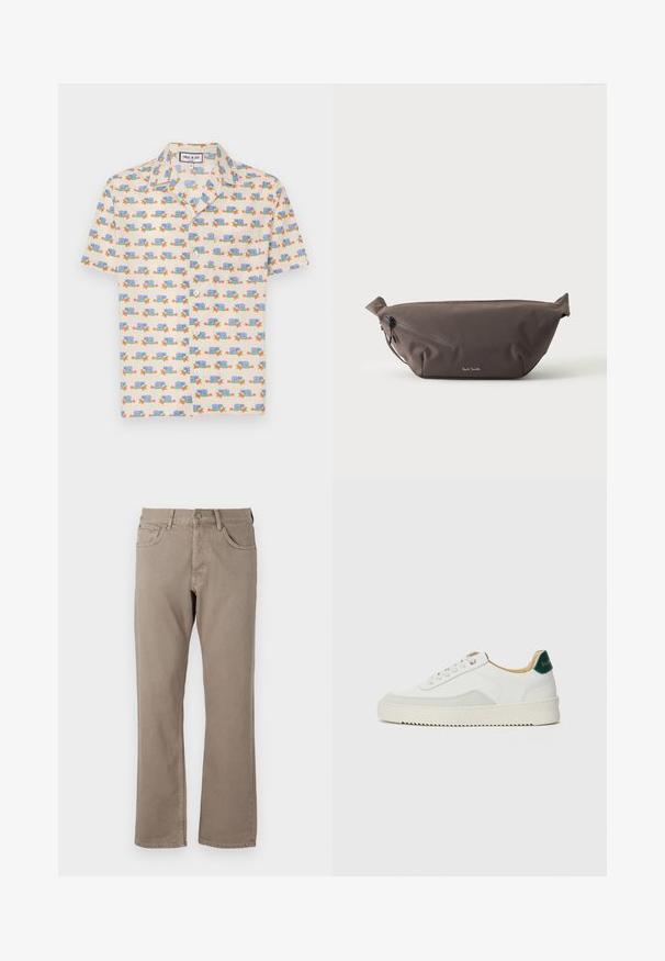 Chemise à manches courtes en tissu crème clair avec un imprimé ludique d'escargots bleus et de fleurs rouges. Dispose d'un col et de boutons blancs.; Jean droit beige en tissu coton, comportant cinq poches, une fermeture par bouton et zip, et des coutures visibles le long des coutures.; Baskets blanches avec des accents en daim, bout arrondi, lacets plats et semelle en caoutchouc crème. Présente une marque verte sur le talon.; Sac banane en tissu marron foncé avec poche zippée en diagonale et petit logo blanc sur le devant, sur un fond clair uni.