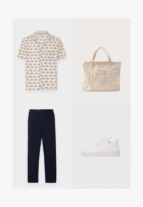 Chemise à manches courtes en tissu crème clair avec un imprimé ludique d'escargots bleus et de fleurs rouges. Dispose d'un col et de boutons blancs.; Pantalons bleu marine en tissu léger avec une taille plate, deux plis et une fermeture à bouton standard au niveau de la taille.; Baskets en cuir blanc avec un embout arrondi, une semelle plate et un laçage à l'avant. Présentent des détails de couture et un col rembourré pour plus de confort.; Sac fourre-tout en toile beige avec doubles anses et un motif en relief de tête de loup sur la poche avant.