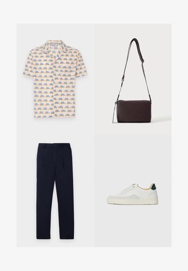 Camisa de manga corta de tela crema clara con un estampado divertido de caracoles azules y flores rojas. Presenta un collar y botones blancos.; Pantalones azul marino hechos de una tela ligera que cuentan con un frente plano, dos pliegues y un cierre de botón estándar en la cintura.; Zapatilla blanca con acentos de ante, puntera redondeada, cordones planos y suela de goma color crema. Presenta un logo verde en el talón.; Bolso bandolera de cuero marrón oscuro con textura, correa ajustable y pequeño adorno decorativo azul en el lateral.