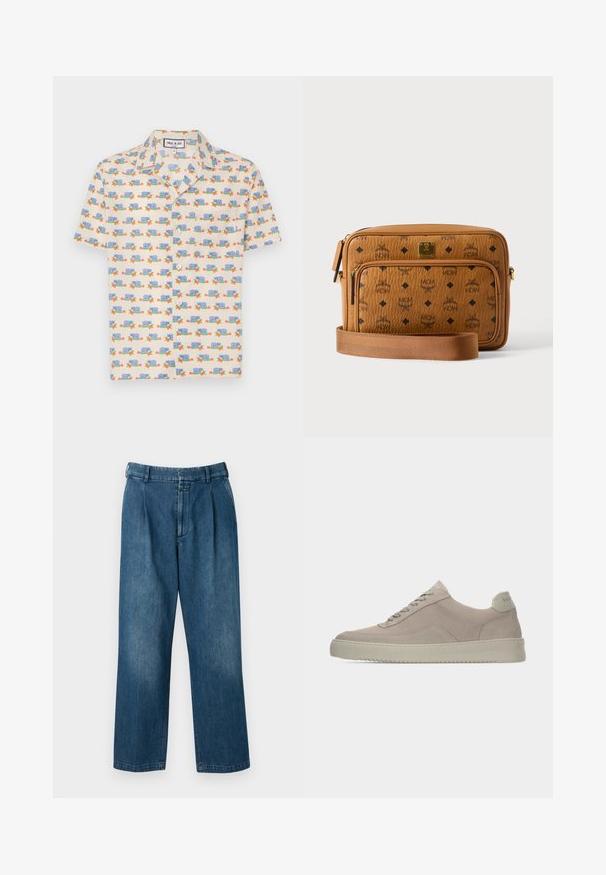 Korte mouwen shirt van lichtcrème stof met een speelse print van blauwe slakken en rode bloemen. Voorzien van een kraag en witte knopen.; Blauwe denim broek met een rechte pijp, voorzien van een hoge taille, plooien aan de voorkant en een klassieke knoopsluiting. Gladde textuur.; Beige suède sneakers met een gestructureerde afwerking, ronde neus en tonale veters. Voorzien van een dikke rubberen zool en subtiele branding op de hiel.; Lichte leren crossbodytas met zwarte MCM-logo's, voorvak met ritssluiting, gouden plaatje en verstelbare stoffen riem op witte achtergrond.