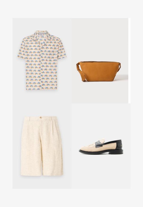 Camisa de manga corta de tela crema clara con un estampado divertido de caracoles azules y flores rojas. Presenta un collar y botones blancos.; Pantalones cortos beige ajustados, hechos de tela texturizada, con pliegues delanteros, cierre de botón y un diseño de pierna recta.; Mocasín beige tejido con ribete de cuero negro, puntera redondeada, suela negra y patrón decorativo cosido en la parte superior.; Bolso bandolera de cuero marrón claro con correa ajustable y cierre de cremallera, mostrado sobre un fondo claro y liso.
