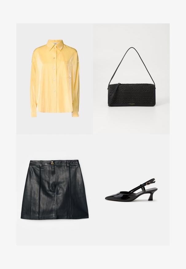 Camisa amarilla de satén con botones, de manga larga, corte relajado y un bolsillo en el pecho. Presenta una textura brillante y un cuello estándar.; AERON RUDENS SKIRT - Falda acampanada - black; Zapato slingback de charol negro con tacón bajo, punta puntiaguda y correa ajustable con hebilla dorada sobre fondo blanco.; Bolso de mano negro con un patrón tejido texturizado, acentos de cuero, forma delgada y una larga correa para el hombro. Detalle del logo dorado en la parte delantera.