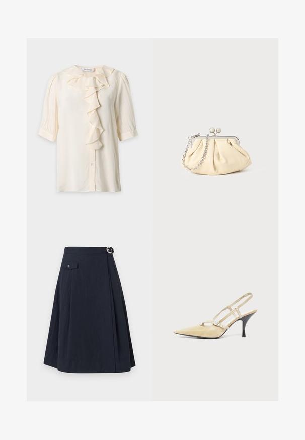 Blusa de color crema con manga corta, detalle de volantes en la parte delantera y botones, mangas ligeramente abullonadas y un pequeño cuello.; Falda en línea A de color azul marino con cierre de botón lateral, que presenta un bolsillo frontal y una tela suave y ligera con un ligero brillo.; Zapato de tacón abierto trasero beige con punta puntiaguda, tiras finas y hebilla plateada sobre un tacón de aguja negro de altura media sobre fondo blanco.; Clutch de cuero beige plisado con un marco de metal plateado, que cuenta con dos broches decorativos redondos y una correa de cadena plateada.