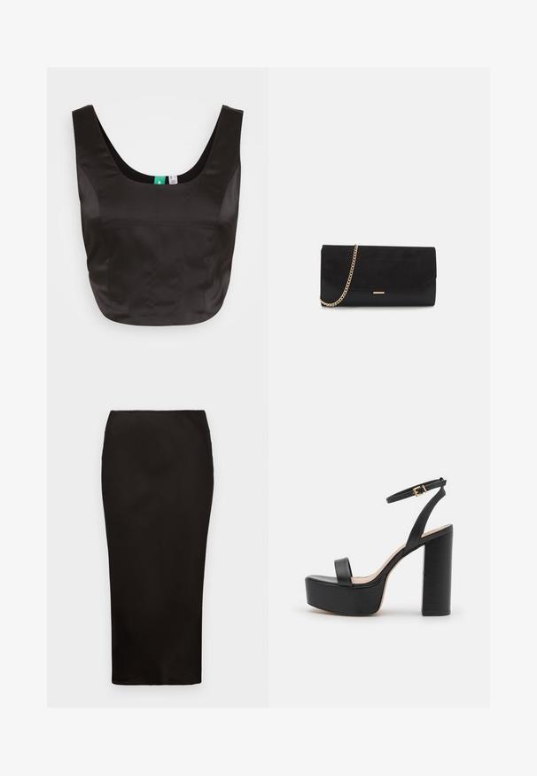 SOMETHINGNEW SNROSALIND CORSAGE - Μπλούζα - black; Μαύρη, μίνι φούστα τύπου μολυβιού, μήκους μέχρι το γόνατο, φτιαγμένη από απαλό ύφασμα με ελαστική μέση. Διαθέτει απλό, μινιμαλιστικό σχέδιο χωρίς ορατό υλικό.; Μαύρες ψηλοτάκουνες σανδάλια με παχιά πλατφόρμα, λεία υφή δέρματος, λουράκι στον αστράγαλο με χρυσό κούμπωμα και τετράγωνη block τακούνι.; Μαύρη τσάντα clutch από σουέτ με υφή, που διαθέτει χρυσό λουρί και κομψό, γωνιακό σχέδιο.