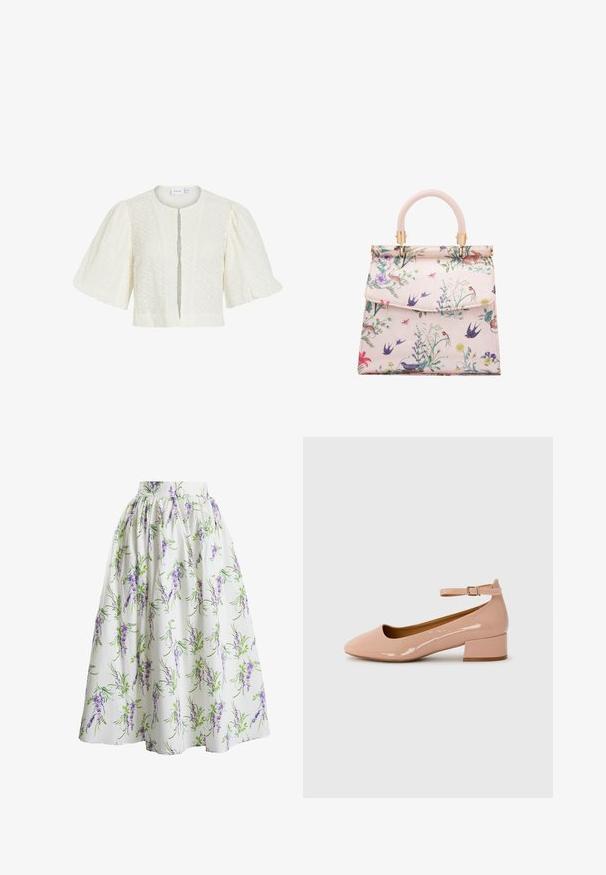Witte kanten cropped blouse met korte mouwen, pofmouwen en een ronde hals, met een subtiel bloemenpatroon en open voorzijde.; True Decadence MADISYN CO-ORD FLORAL MIDI SKATER - A-lijn rok - lilac bouquet floral; Patentleren roze ballerina met een ronde punt, enkelbandje en een lage blokhak. Gladde textuur en minimalistisch ontwerp.; Handtas met bloemenprint, voorzien van een zachtroze synthetische buitenkant, gestructureerde vorm, gebogen handvat, gouden hardware en klep-sluiting.