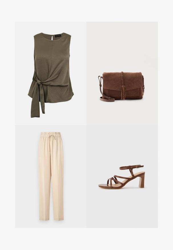 Ärmellose olivgrüne Bluse mit rundem Ausschnitt und seitlicher Knoten-Detail, leicht strukturierter Stoff, Knopfverschluss mit Schlitz am Rückenausschnitt.; Beige, leichte Hose mit elastischem Bund, Kordelzugdetails und geradem Beinanschnitt. Glatte Textur, minimalistischer Stil.; Braune Ledersandale mit Riemchen, Blockabsatz und verstellbarer Schnalle am Knöchel vor schlichtem hellem Hintergrund.; Braune Wildleder-Umhängetasche mit geflochtenem Quasten-Detail auf der Vorderklappe und verstellbarem Schulterriemen.