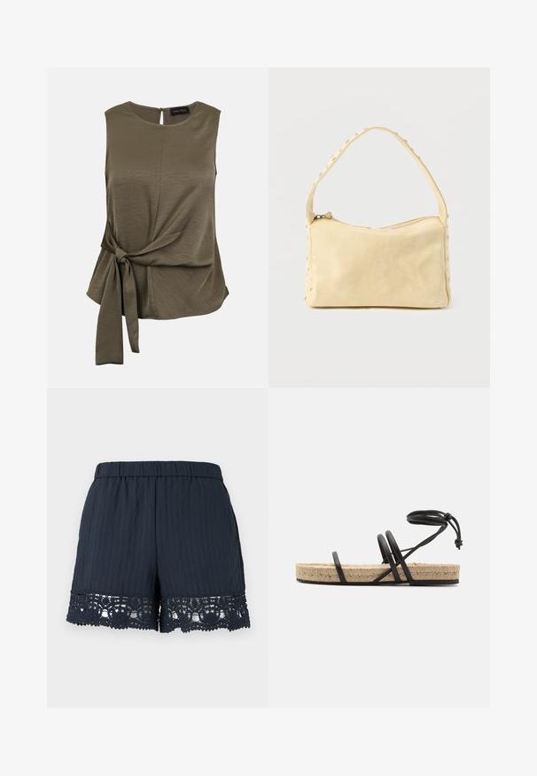 Blouse sans manches vert olive avec col rond et détail noué sur le côté, tissu légèrement texturé, fermeture par bouton avec ouverture en forme de goutte à l'encolure arrière.; Shorts femme bleu marine avec taille élastique et bordure en dentelle florale le long de l'ourlet sur un fond clair uni.; Sandale en cuir noir à lanières avec semelle en jute tressé, présentant un design plat, un lien réglable à la cheville et un style minimaliste.; Petit sac à main en cuir beige avec une seule bandoulière et des clous argentés le long des bords et de la bandoulière, posé sur un fond uni.
