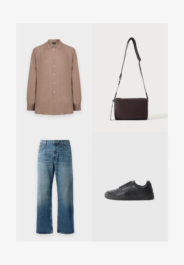Chemise à manches longues boutonnée en tissu beige doux. Dispose d'un col classique et d'une broderie de logo subtile sur la poitrine. Texture lisse.; Jeans oversize bleu clair avec un délavage, featuring une fermeture à un bouton, cinq poches et des coutures contrastées.; Chaussure de sport en cuir noir avec une finition lisse, bout arrondi, panneau latéral texturé et lacets noirs. Présente une semelle en caoutchouc plate et un design minimaliste.; Sac bandoulière en cuir marron foncé texturé avec une sangle réglable et un petit accent décoratif bleu sur le côté.
