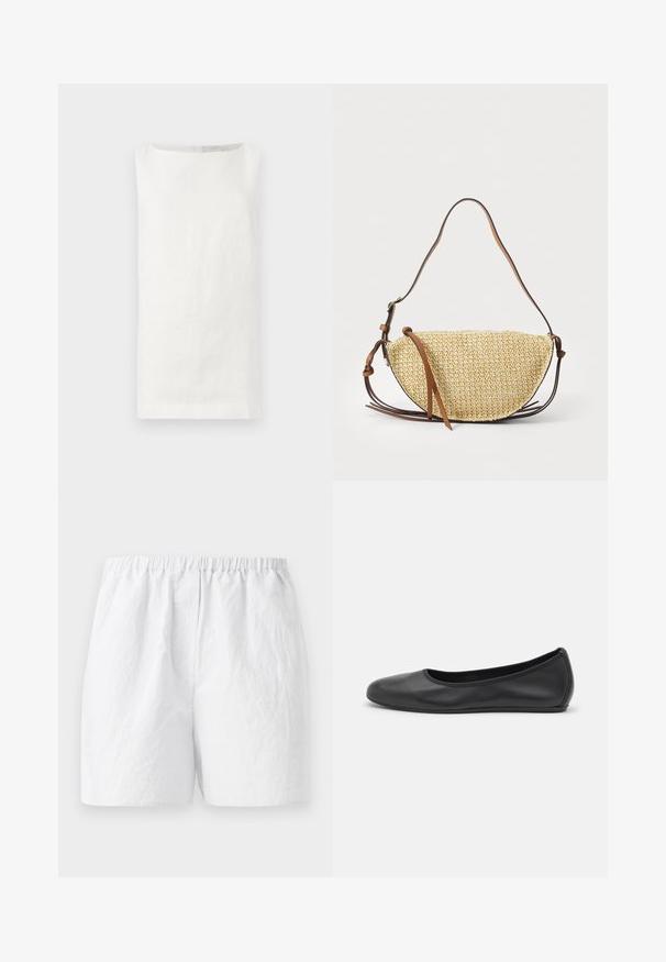 Top sin mangas de lino blanco con corte recto, escote barco y sin cierres visibles. Presenta un tejido suave y texturizado.; Pantalones cortos blancos con cinturilla elástica, confeccionados con una tela texturizada y un corte relajado. Diseño simple, sin patrones ni adornos.; Bailarina de piel negra con punta redondeada, textura suave, detalle de costura minimalista y diseño de suela flexible.; Bolso de paja tejido con forma de media luna, que cuenta con una correa y acentos de cuero marrón. Textura de color natural con bordes suaves.