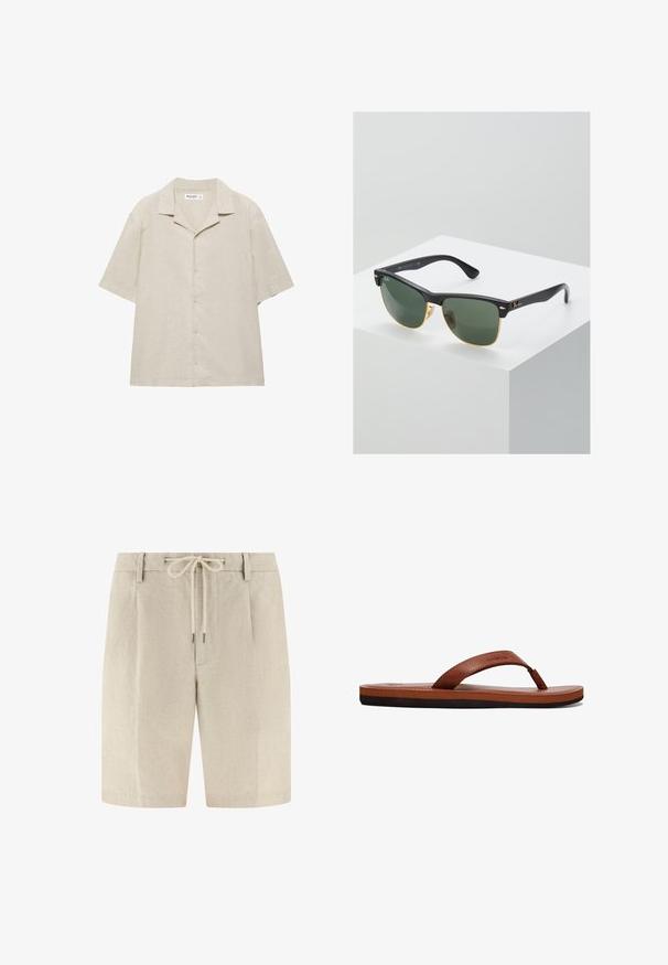 Beige overhemd met korte mouwen en knopen, voorzien van een campkraag, gemaakt van een lichtgewicht stof, plat weergegeven op een witte achtergrond.; Beige linnen shorts met riemlussen en een aantrekkoord in de taille, met een nette, op maat gemaakte voorkant.; Bruine leren flip-flops met een gestructureerde band, een gevoerde voetbed en een zwarte rubberen zool. Zijkant van het ontwerp benadrukt de slanke stijl.; Ray-Ban zonnebrillen met groene lenzen, zwarte plastic monturen en gouden accenten aan de randen. Vierkante vorm met een matte afwerking.