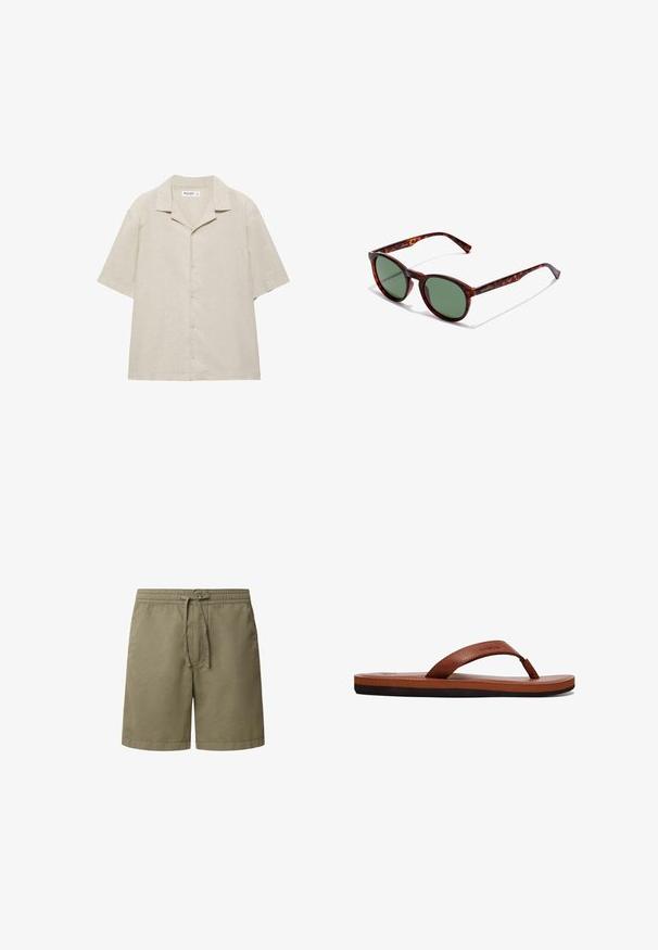 Beige overhemd met korte mouwen en knopen, voorzien van een campkraag, gemaakt van een lichtgewicht stof, plat weergegeven op een witte achtergrond.; Khaki-kleurige shorts gemaakt van stof met een trekkoord in de taille, met een relaxte pasvorm en gestikte zoom. Lichtgewicht en ademend ontwerp.; Bruine leren flip-flops met een gestructureerde band, een gevoerde voetbed en een zwarte rubberen zool. Zijkant van het ontwerp benadrukt de slanke stijl.; Bruine schildpaddenbril met ronde monturen, groene lenzen en gemusterde pootjes. Heeft het merklogo op één poot.
