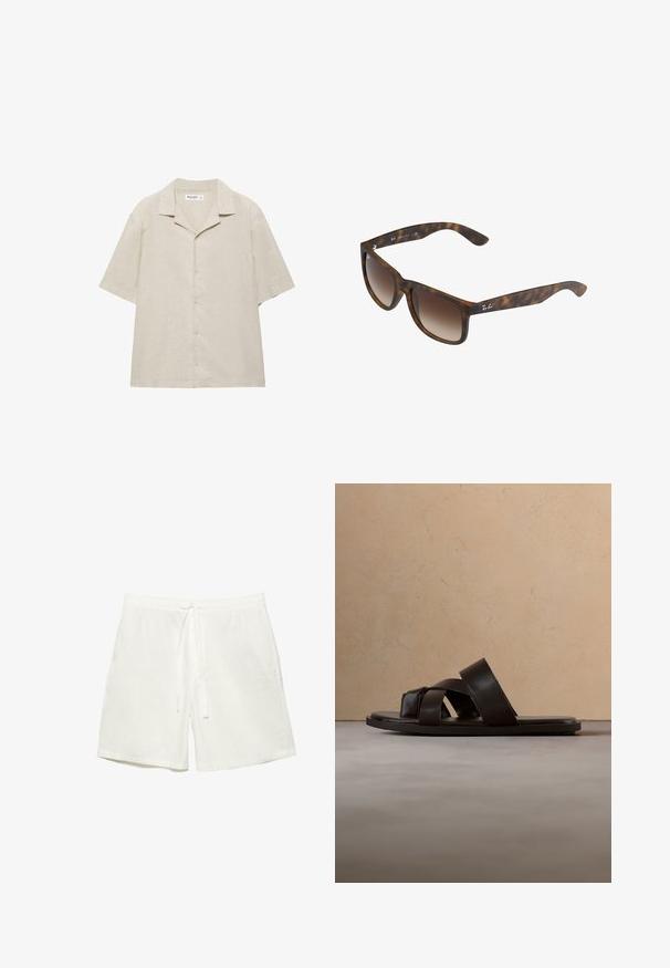 Beige overhemd met korte mouwen en knopen, voorzien van een campkraag, gemaakt van een lichtgewicht stof, plat weergegeven op een witte achtergrond.; Witte casual shorts met een elastische tailleband en verstelbare trekkoord, voorzien van zijzakken en een losse pasvorm.; Zwarte leren slip-on sandaal met drie gekruiste bandjes, platte zool en een gladde textuur, boven een geweven natuurlijk vezel tapijt.; Kattenoog zonnebril met bruine gradient lenzen, rechthoekige vorm, dikke monturen en een zilveren logoaccent aan de zijkant.