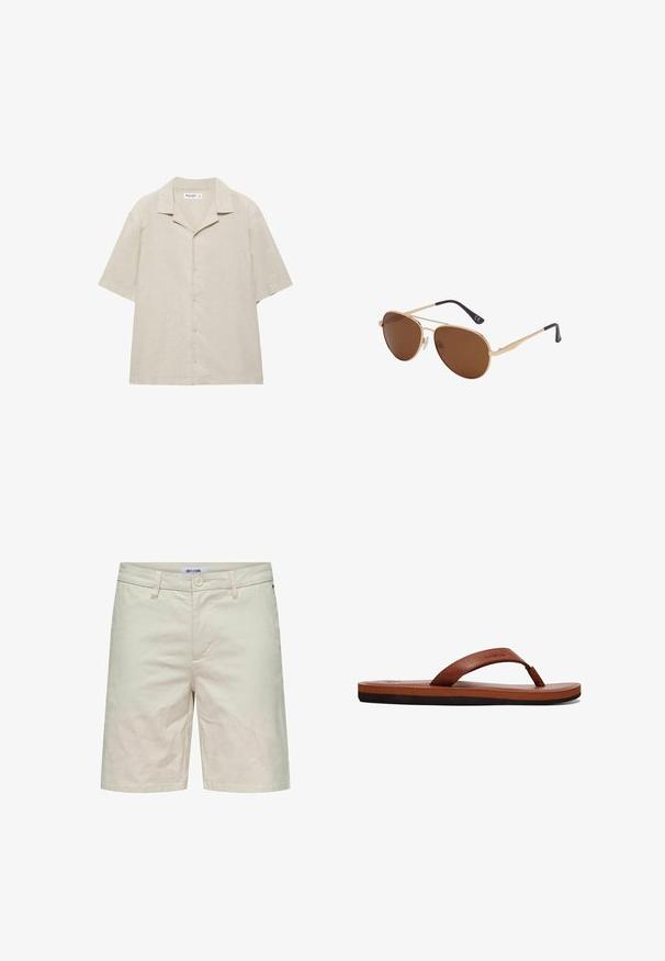 Beige overhemd met korte mouwen en knopen, voorzien van een campkraag, gemaakt van een lichtgewicht stof, plat weergegeven op een witte achtergrond.; Beige katoenen shorts met knoopsluiting, verstelbare riemlussen en zijzakken. Gladde textuur en rechte snit, geschikt voor casual draag.; Bruine leren flip-flops met een gestructureerde band, een gevoerde voetbed en een zwarte rubberen zool. Zijkant van het ontwerp benadrukt de slanke stijl.; Gouden metalen aviator-zonnebril met bruin getinte glazen en zwarte met plastic bedekte pootjes op een witte achtergrond.