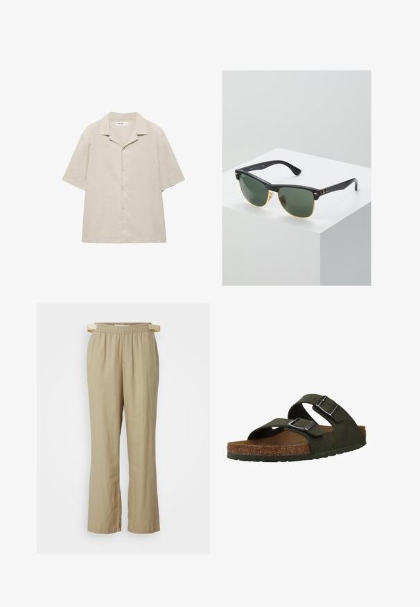 Beige kortærmet skjorte med knapper og camp-krave, lavet af et let stof, vist fladt på en hvid baggrund.; Beige, brede bukser lavet af letvægtigt stof. Elastisk talje med bindebånd. Har foran lommer og lige ben.; Grønne slip-on sandaler med to justerbare stropper, en korksål og en gummisål. Har sølvspænder og et tekstureret overmateriale.; Ray-Ban solbriller med grønne linser, sorte plastikstel og gyldne detaljer ved kanterne. Firkantet form med mat finish.
