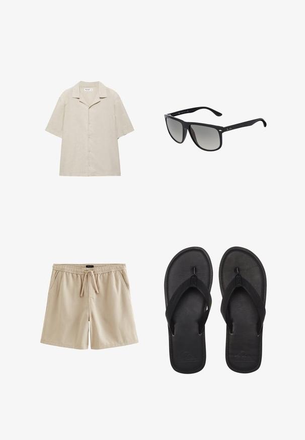Beiges Kurzarm-Hemd mit Knopfleiste und Camp-Kragen, aus leichtem Stoff gefertigt, flach auf weißem Hintergrund ausgelegt.; Beige legere Shorts mit elastischem Bund, Kordelzug, Seitentaschen und einfachem geradem Saum.; Schwarze Flip-Flops aus glattem Material, mit einem Riemen im Zehensteg-Stil, strukturiertem Fußbett und geprägtem Logo auf der Sohle.; Schwarze Kunststoff-Sonnenbrille mit Verlaufslinsen. Quadratische Form mit abgerundeten Kanten, mit silbernen Metalldetails und einer strukturierten Innenseite an den Bügeln.