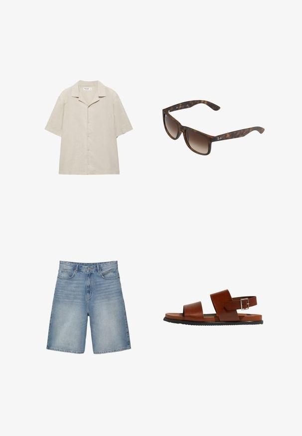 Beige kortærmet skjorte med knapper og camp-krave, lavet af et let stof, vist fladt på en hvid baggrund.; Lyseblå denimshorts med en lige pasform har fem lommer, en lynlås, og en let falmet tekstur.; Brune lædersandaler med to brede stropper og en justerbar ankelspænde. Har en flad sål og en struktureret sort gummisål.; Skildpadde-solbriller med brune gradientlinser, rektangulær form, tykke stel og en sølvlogoaccent på siden.