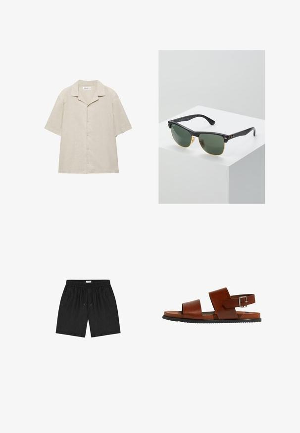 Chemise beige à manches courtes avec boutons et col campagnard, fabriquée en tissu léger, présentée à plat sur un fond blanc.; Short décontracté noir avec taille élastique et cordon, doté de poches latérales et d'une coupe relax, posé à plat sur un fond blanc.; Sandales en cuir marron avec deux larges brides et une boucle de cheville réglable. Caractéristiques : semelle plate et semelle extérieure en caoutchouc noir texturé.; Lunettes de soleil Ray-Ban avec des verres verts, monture en plastique noir et accents dorés sur les bords. Forme carrée avec une finition mate.