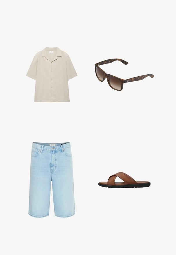 Beiges Kurzarm-Hemd mit Knopfleiste und Camp-Kragen, aus leichtem Stoff gefertigt, flach auf weißem Hintergrund ausgelegt.; Hellblaue Jeansshorts mit entspannter Passform, fünf Taschen-Design, einfache Knopfverschluss und Kontrastnähte entlang der Nähte.; Braune Ledersandale mit überkreuzten Riemen, flacher schwarzer Sohle und "bugatti" Prägung auf dem oberen Riemen, seitliche Ansicht vor weißem Hintergrund.; Schildpatt-Sonnenbrille mit braunen Verlaufslinsen, rechteckiger Form, dicken Rahmen und einem silbernen Logo-Akzent an der Seite.