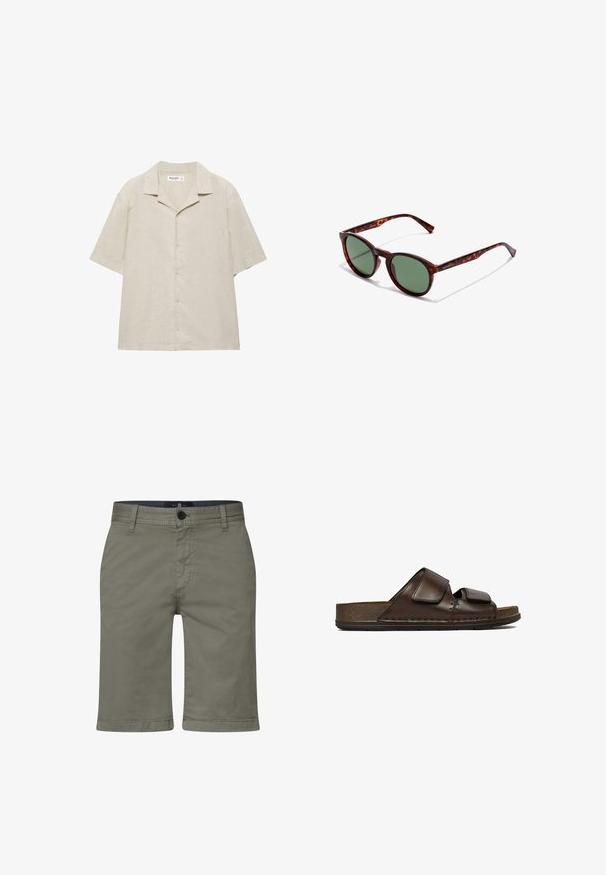 Beige kortærmet skjorte med knapper og camp-krave, lavet af et let stof, vist fladt på en hvid baggrund.; Khaki shorts lavet af en blød bomuldsblanding, med lynlås og knaplukning samt forlommer. Lige ben-design, knælængde pasform.; Mørkebrune lædersandaler med to justerbare velcro-remme og en tyk, tekstureret sål.; Brune skildpaddedesign solbriller med runde rammer, grønne linser og mønstrede tempelarme. Har brandlogo på en arm.