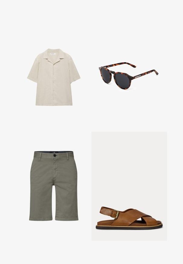 Beige kortærmet skjorte med knapper og camp-krave, lavet af et let stof, vist fladt på en hvid baggrund.; Khaki shorts lavet af en blød bomuldsblanding, med lynlås og knaplukning samt forlommer. Lige ben-design, knælængde pasform.; Brun lædersandal med krydsede remme, justerbar spænde på bagremmen og sort sål med beige syning.; Runde solbriller med et skildpadde-mønstrede stel, sorte linser og en mat finish. Har et brandlogo på brillestangen.